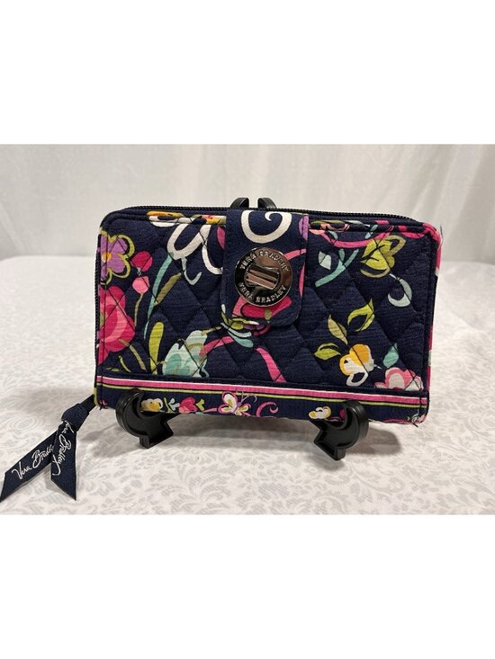 Vera Bradley Handbags - Vera Bradley "Ribbons" Turn Lock Wallet Quilted Navy Blue Zipper 8”x5”